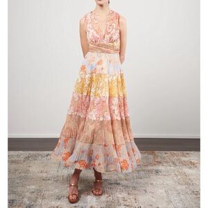 Tiered mixed print pleated maxi dress